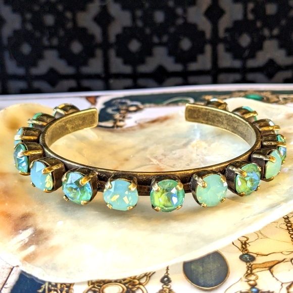 Swarovski Elements Mint Opal & Sage Green Crystals on Cuff Brass Bracelet - Picture 1 of 6